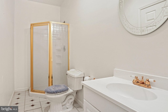 full bathroom with tile patterned floors, toilet, a stall shower, baseboards, and vanity