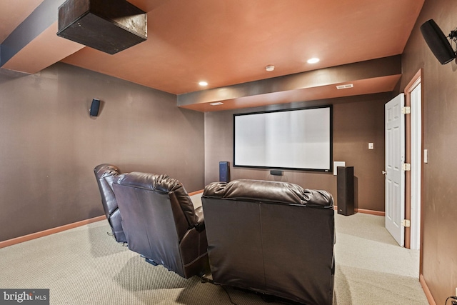 carpeted home theater with recessed lighting and baseboards