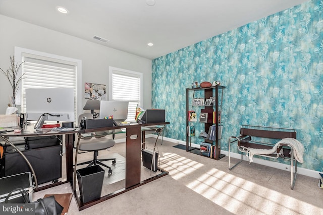 view of carpeted home office