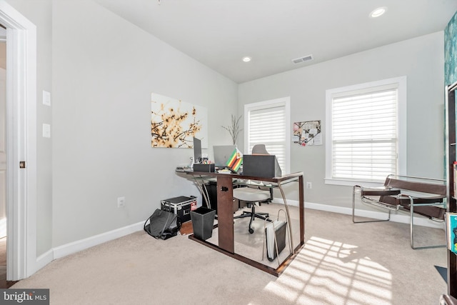 view of carpeted home office