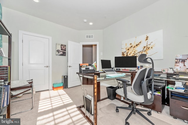 office area featuring light carpet