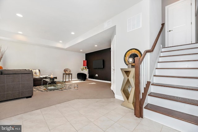 living room with light carpet