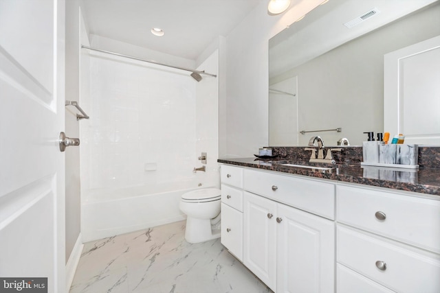 full bathroom featuring vanity,  shower combination, and toilet