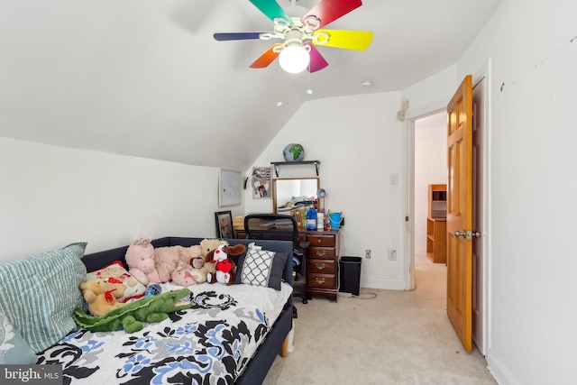 bedroom featuring lofted ceiling, ceiling fan, light colored carpet, baseboards, and electric panel