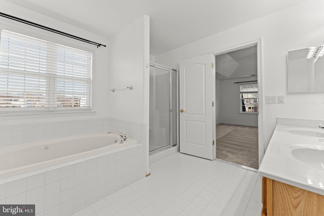 bathroom with vanity, separate shower and tub, and tile patterned floors