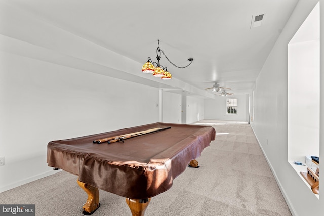 rec room with light carpet, ceiling fan, and billiards