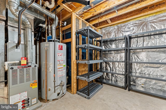 basement featuring heating unit and water heater