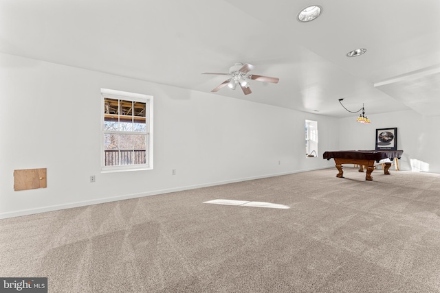 playroom featuring ceiling fan, billiards, and light carpet