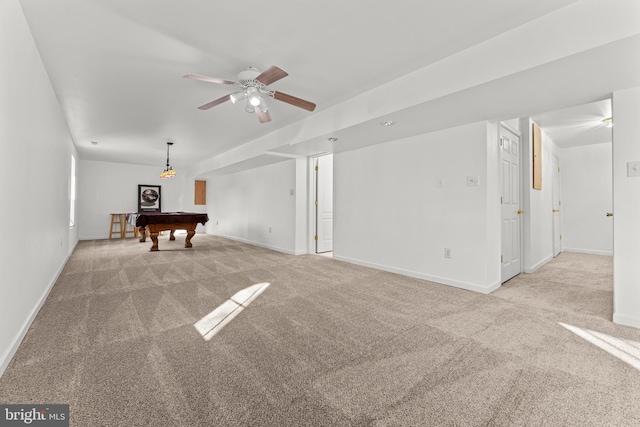 recreation room with billiards, light colored carpet, and ceiling fan