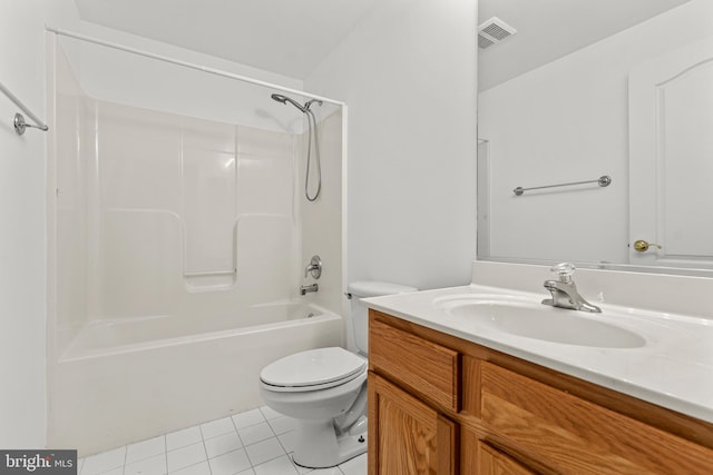 full bathroom with tile patterned flooring, vanity, tub / shower combination, and toilet