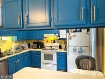 kitchen featuring blue cabinetry, backsplash, and white appliances