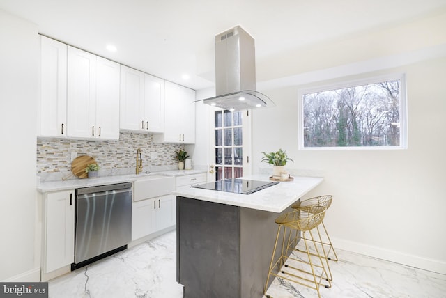 kitchen featuring dishwasher, backsplash, black electric stovetop, white cabinets, and island exhaust hood