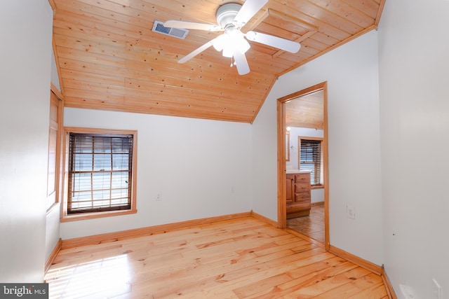 additional living space featuring vaulted ceiling, wooden ceiling, ceiling fan, and light hardwood / wood-style flooring