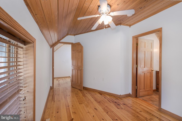 bonus room with ceiling fan, lofted ceiling, wood ceiling, and light hardwood / wood-style flooring