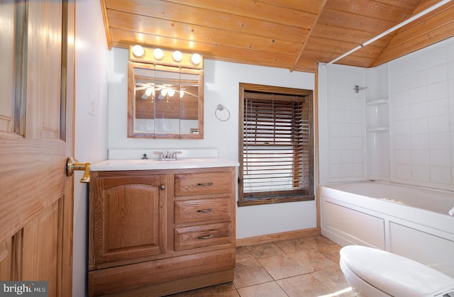 full bathroom featuring lofted ceiling, tub / shower combination, tile patterned flooring, vanity, and wooden ceiling