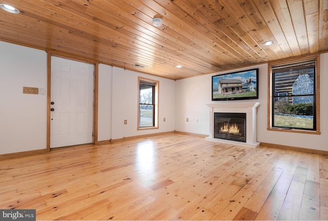 unfurnished living room featuring wood ceiling and light hardwood / wood-style floors