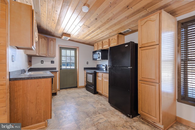 kitchen with sink, wood ceiling, black appliances, and light brown cabinets