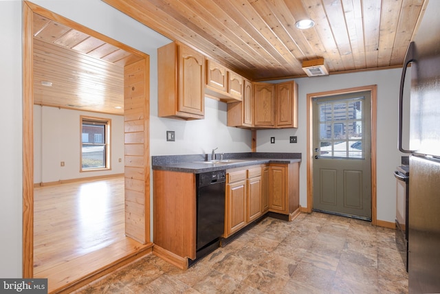 kitchen with electric range oven, black dishwasher, sink, fridge, and wooden ceiling