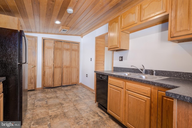 kitchen featuring wood ceiling, sink, and black appliances