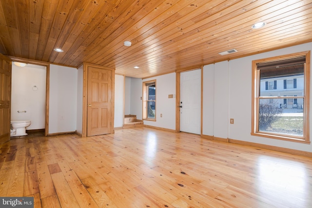 interior space featuring wooden ceiling and light wood-type flooring