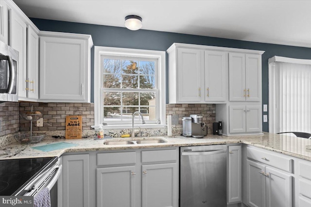 kitchen with sink, decorative backsplash, white cabinets, and appliances with stainless steel finishes