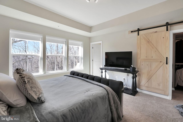 carpeted bedroom with a barn door