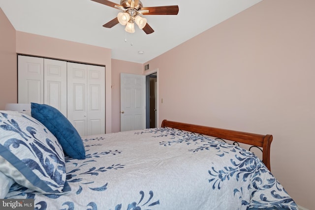 bedroom featuring ceiling fan and a closet