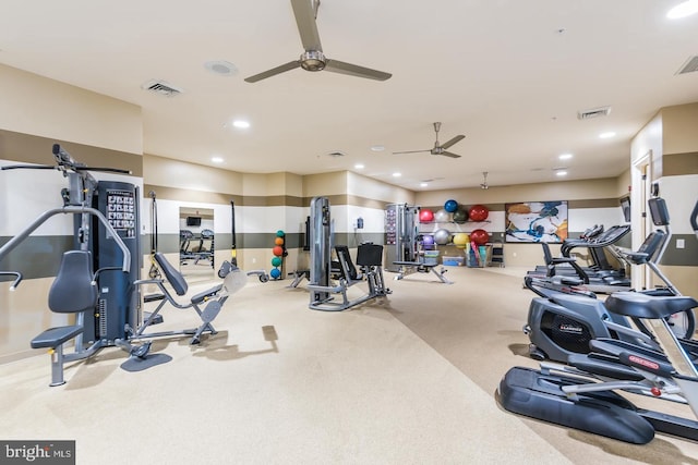 workout area with a ceiling fan, recessed lighting, and visible vents