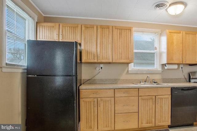 kitchen with ornamental molding, sink, light brown cabinets, and black appliances