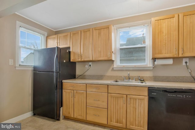 kitchen with light brown cabinetry, sink, black appliances, and a healthy amount of sunlight