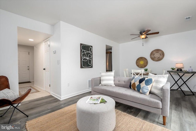 living room with ceiling fan and wood-type flooring