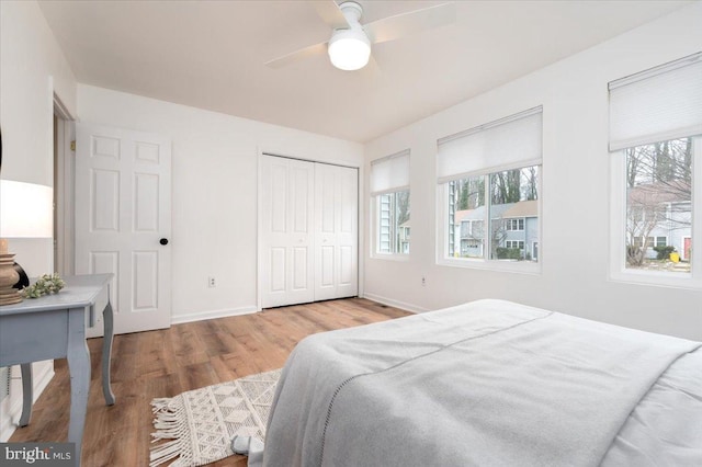 bedroom with multiple windows, a closet, ceiling fan, and light wood-type flooring