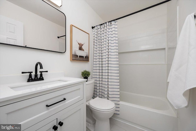 full bathroom featuring shower / bathtub combination with curtain, vanity, toilet, and tile patterned flooring