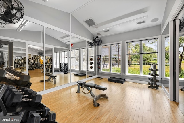 gym with visible vents, plenty of natural light, and wood finished floors