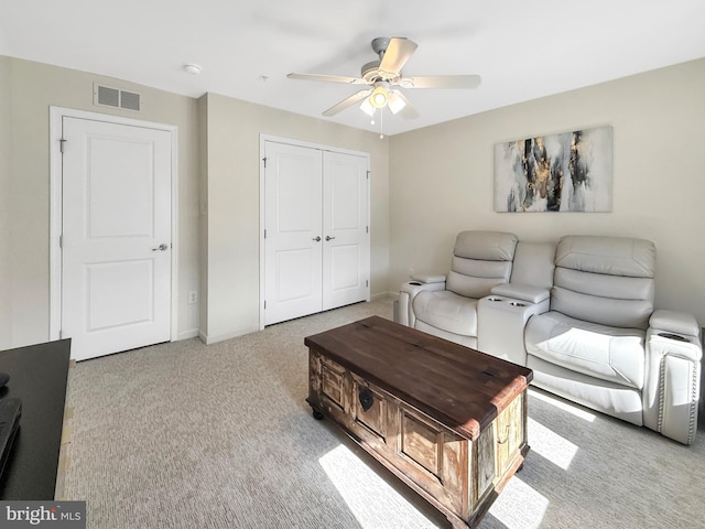 932 Still Pond Dr, Glen Burnie, MD 21060 - carpeted living room with visible vents, baseboards, and ceiling fan