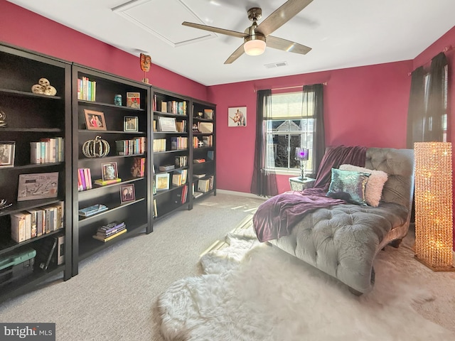 932 Still Pond Dr, Glen Burnie, MD 21060 - sitting room with carpet, baseboards, visible vents, attic access, and ceiling fan