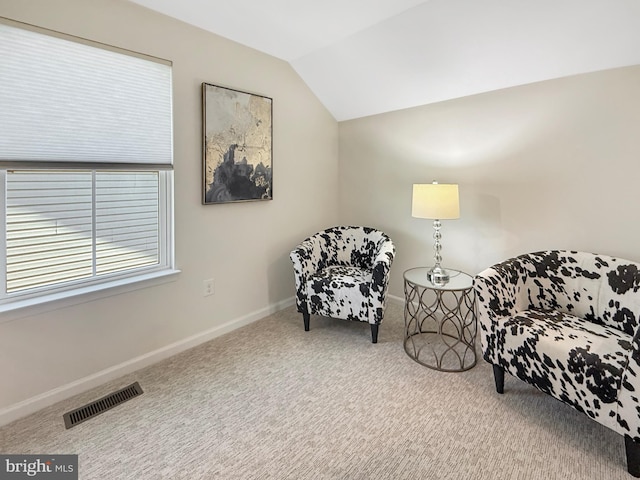932 Still Pond Dr, Glen Burnie, MD 21060 - sitting room featuring visible vents, carpet flooring, baseboards, and lofted ceiling