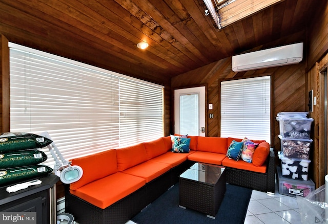 tiled living room with a skylight, wooden walls, a wall unit AC, and wooden ceiling