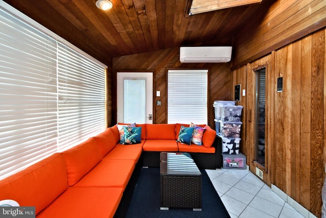 sunroom with a wall mounted air conditioner and wood ceiling