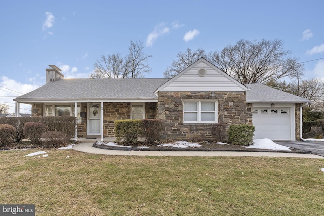 ranch-style house with a garage and a front yard