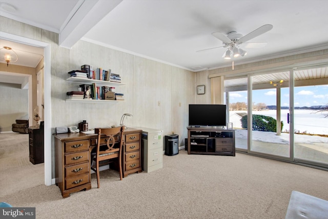 carpeted office featuring beamed ceiling, crown molding, and ceiling fan