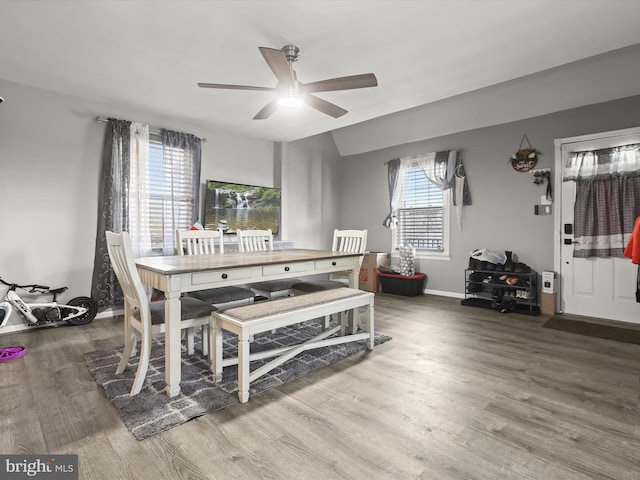 dining space featuring hardwood / wood-style flooring, lofted ceiling, and ceiling fan