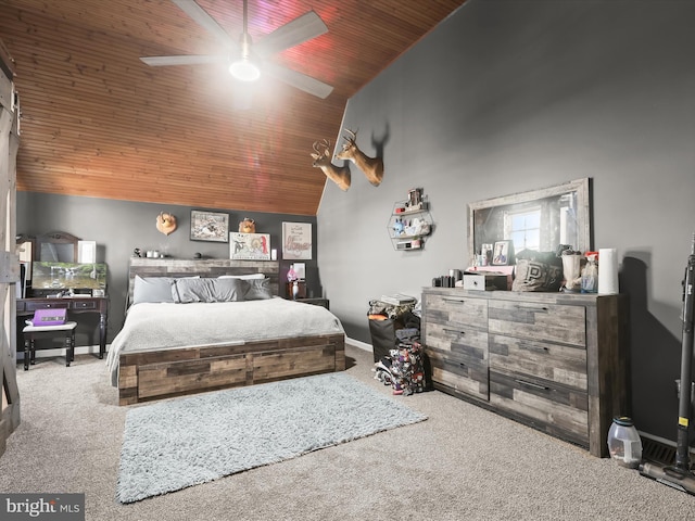 bedroom featuring high vaulted ceiling, light colored carpet, wooden ceiling, and ceiling fan