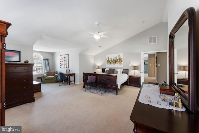 carpeted bedroom featuring ceiling fan and high vaulted ceiling