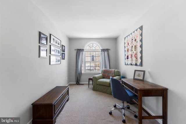 home office featuring light carpet