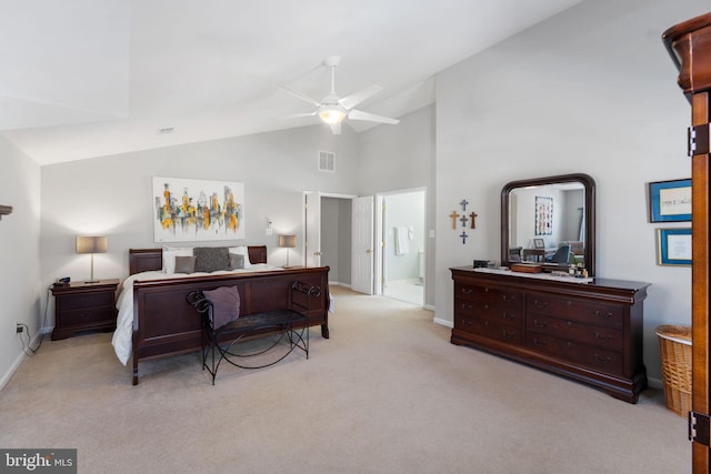 bedroom featuring ceiling fan, light colored carpet, and high vaulted ceiling