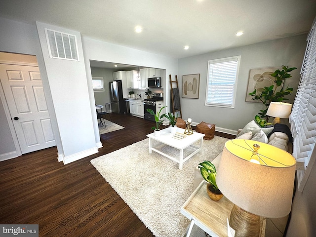 living room with sink and dark hardwood / wood-style flooring