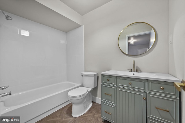 full bathroom with vanity, parquet floors, shower / washtub combination, and toilet