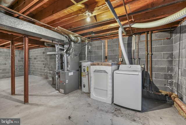 basement featuring independent washer and dryer, electric water heater, and heating unit