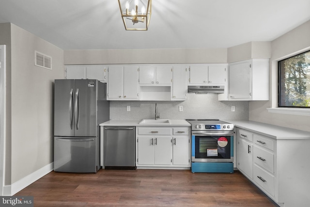 kitchen with dark hardwood / wood-style floors, white cabinetry, sink, decorative backsplash, and stainless steel appliances